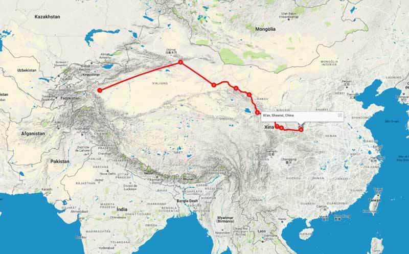Ruta de la Seda Xina. Mapa de ruta de Kashgar a Xian